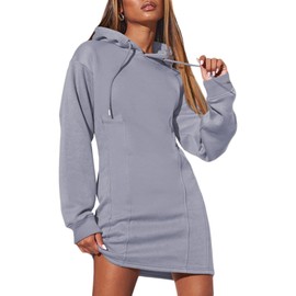 AlvaQ Fall Dresses for Women 2024 Outfits Hooded Sweatshirt Dress Trendy Solid Color Long Sleeve Hoodies Pullover Tunic Dresses Blue Large