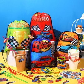 Sadnyy 140 Pcs Race Car Party Favors Birthday Party Decorations Supplies Drawstring Bags with Silicone Bracelets Keychains Straws Button Pins Stickers for Classroom Rewards Goodie Bags Stuffers