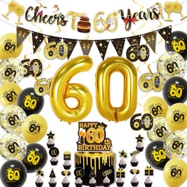 ERMWALR 60th Birthday Decorations Set for Men Women, Black Gold 60th Birthday Decoration Balloons with Banner Triangle Flag, Confetti and Foil Balloons for Birthday Party Decorations Supplies (60th)