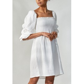 NOTHING FITS BUT Niko Dress, Rectangle Neck Smocked Casual Summer Dresses for Women, Soft Muslin Puffed Sleeve Printed Floral Cotton Dress (White, L/XL)