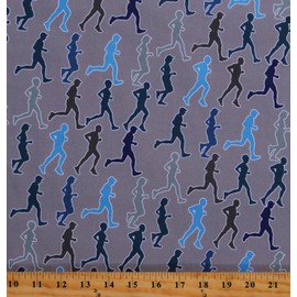 MOOK FABRICS Cotton The Runners People Running Jogging Cross Country Blue Silhouettes on Gray Cotton Fabric Print by The Yard, Grey