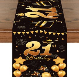 Deko 21. Geburtstag Mann Schwarz Gold Tischläufer Geburtstag 21 Happy 21st Birthday Tischband für 21 Jahre Alte Frauen Ihn Ihr Jahrestag Feier Party Dinner Tisch Leinen Table Dekoration, 180x35 cm