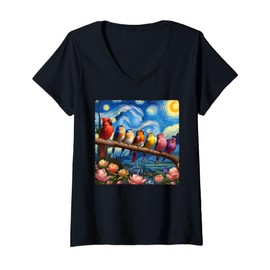 Womens Starry Night Van Gogh Birds Flowers V-Neck T-Shirt
