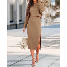 dowerme Women's 2 Piece Outfits 2025 Spring Long Sleeve Boat Neck Tops High Slit Bodycon Midi Ribbed Knit Skirt Sets(Solid Khaki,Medium)