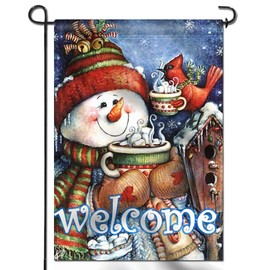 Anley |Double Sided| Premium Welcome Winter Garden Flag, Snowman Bird Snowflake Decorative Garden Flags - Weather Resistant & Double Stitched - 18 x 12.5 Inch