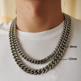 12mm Miami Cuban Link Chain for Men Women 316L Stainless Steel Boys Hiphop Silver Color Choker Necklace 16/18/20/22/24/26 Inches (22 inches men's average length))