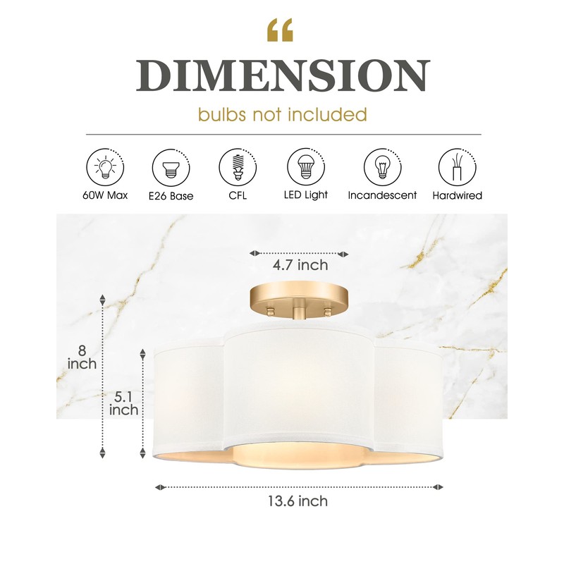 Audickic Gold Semi Flush Mount Ceiling Lights, 14" 4-Light Ceiling