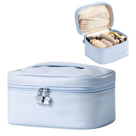 Linpr Makeup Bag for Women, Travel Make up Bags Organiser with Hand, Portable Cosmetic Bag with Brush Compartment, Small Makeup Case Toiletry Bag with PU Leather Water-Resistant (Blue, Small)