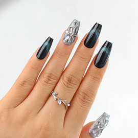 Sethexy Glitter Rhinestone Long Coffin Fake Nails Cat Eye Handmade False Nails Green Crystals Glossy Press on Nails Salon Durable Quality Nails for Women and Girls 10Pcs（C）