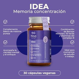 Suplemento Memoria y Concentración Cerebro IDEA TIBA SALUD | 30 Cápsulas, Bacopa Monnieri 800 mg, Té Verde, Vitaminas A C B1 B6 B12, Zinc, Multivitamí