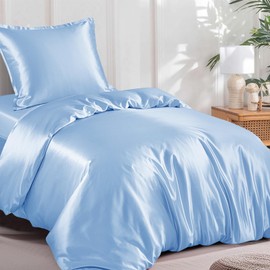 RUIKASI Satin Bed Linen 135 x 200 cm Blue - Silky Duvet Cover with Shine Like Silk Bed Linen Set Light Blue for Hair and Skin Shiny Bed Linen 135 x 200 cm with Zip and Pillowcase 80 x 80 cm