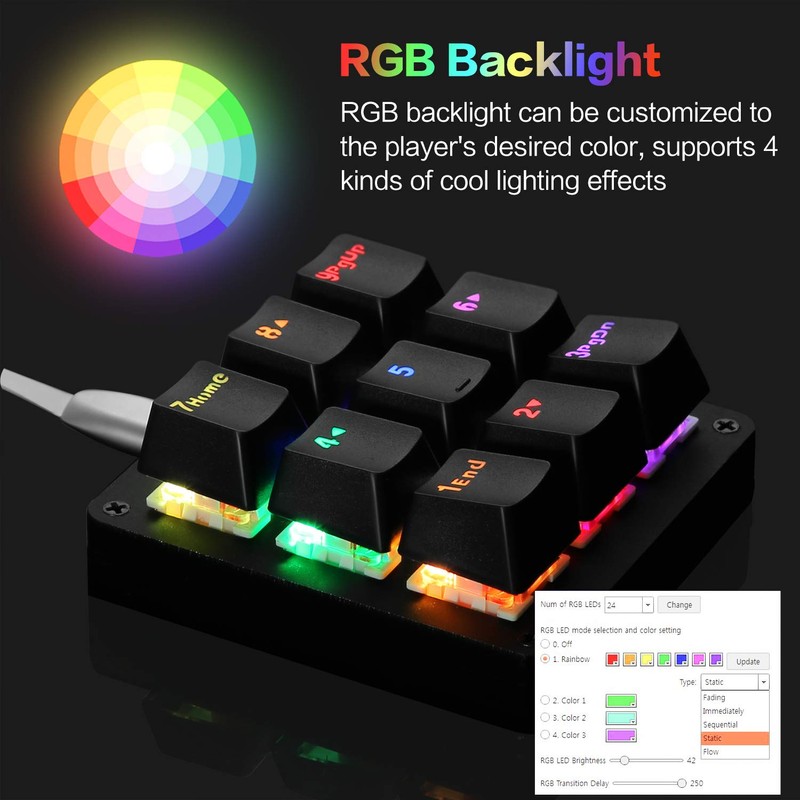 Koolertron One Handed Macro Mechanical Keyboard, RGB LED Backlit Portable