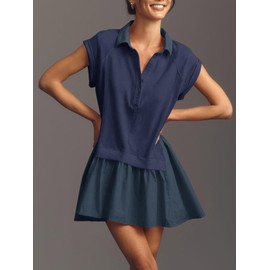 Fisoew Womens Summer Sweatshirt Dresses Short Sleeve V Neck Casual Oversized Patchwork Mini Dress Dark Blue