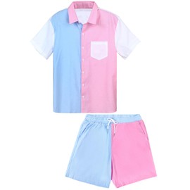 Haull Shirt Tops and Colorblock Shorts Set Gender Reveal Outfit Mens Gender Reveal Shirt Pink and Blue Button Down Shirt Men (Medium)