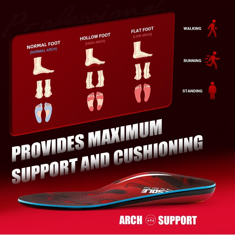 VALSOLE Plantar Fasciitis Arch Support Insole for Men Women,220+ lbs