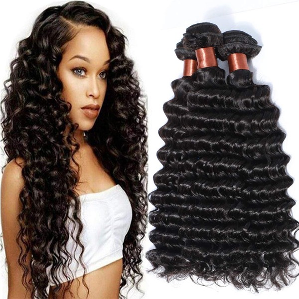 Angie Queen Virgin Human Hair Bundles Extensions Weaves Wefts Unprocessed Brazilian Virgin Hair Deep Wave Nature Black Color 3 Bundles 12 14 16inch (100+/-5g)/bundle Can be Dyed and Bleached