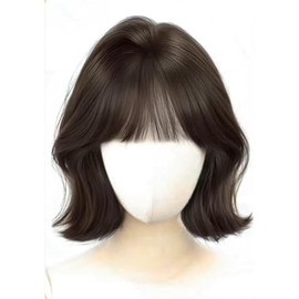 Women's Natural Wave Wig, Shot Wig, Cosplay, Heat Resistant Curly Hair, Bangs Wig, Fluo Wig, Coming of Age Ceremony, Daily Work, Event Wigs (Cool Brown)