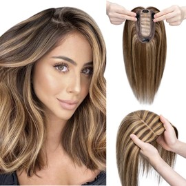 Elailite Hair Toppers for Women with Thinning Hair Real Human Hair V3.0 Clip in Hair Pieces 10 Inch Middle Parting for Slight Hair Loss Cover Gray Fine Hair [Style-C] Chocolate Brown&Dark Blonde