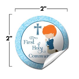 First Holy Communion Religious Thank You Sticker Labels for Boys (Light Skin, Red Hair), 40 2" Party Circle Stickers by AmandaCreation, Great for Party Favors, Envelope Seals & Goodie Bags