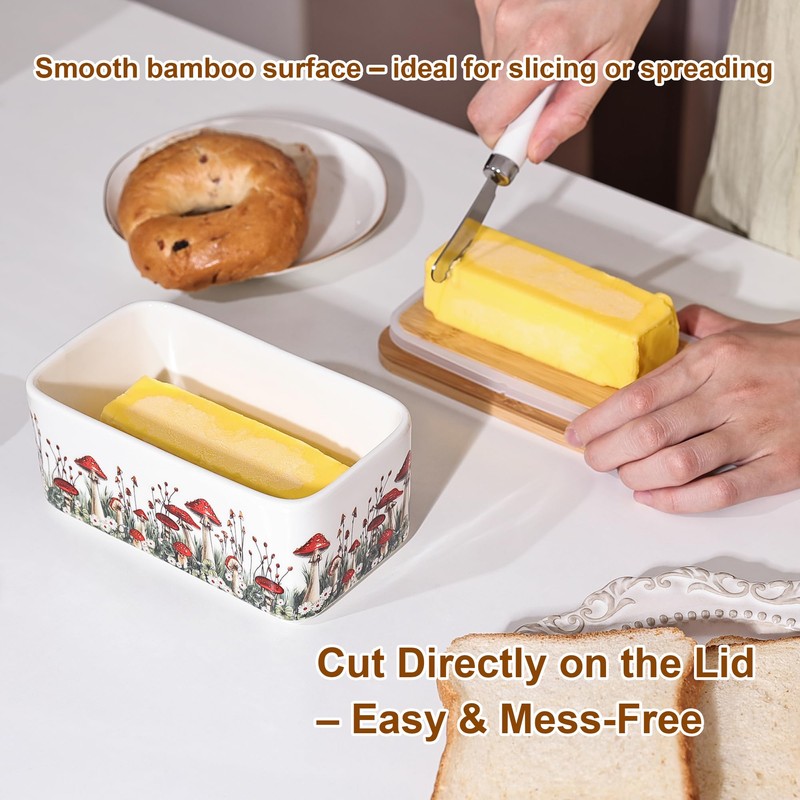 Fungi Fun Ceramic Mushroom Butter Dish with Lid and Knife,