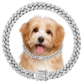 Silver Cuban Link Dog Collar - 16 Inch Bling Diamond Chain Collar for Medium & Large Dogs, Fancy Pet Necklace with Secure Buckle, Stylish Metal Dog Collar Jewelry Accessories