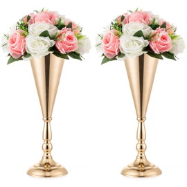 Gold Vase Centerpiece Table Decorations - 2 Pcs Metal Tabletop Flower Stand, Wedding Decorations for Reception, 14in Trumpet Tall Flower Vase for Birthday, Weddings, Anniversary Ceremony, Home Decor
