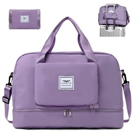 FIORETTO Womens Foldable Weekend Bag Overnight Hospital Bag with Shoes Compartment & Wet Pocket, Water Resistant Gym Bag Duffle Bag Travel Bag Holdall for Women Men Purple