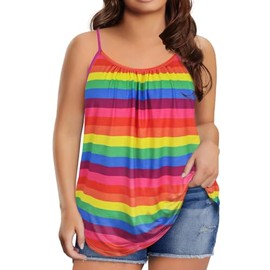 TIYOMI Plus Size Camisole Tops for Women Spaghetti Strap Suspenders Vest Pleated Round Neck Sleeveless Cami Christopher Street Day Rainbow Summer Spring Basic Colorful 3XL