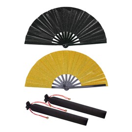 Maitys Large Folding Hand Silk Fans Chinese Handheld Tai Ji Fan for Men and Women, Festival, Line Dance, Kungfu, Martial Art, Gift(Glitter Black and Gold,2 Packs)