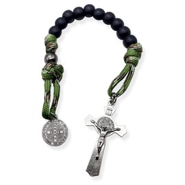 Nazareth Store Olive Military One Decade Khaki Paracord Rosary Black Beads Pocket Car Rosary Protection St. Benedict Medal & Crucifix