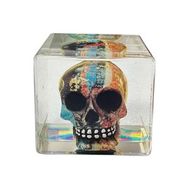 GiftsOGifts Graffiti Grunge Skull Paperweight, Hand-Painted Resin Cube with Artistic Splatter Design, Multicolor