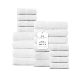 Villa Celestia 100% Cotton Bath Towel Set of 18-4 Bath Towels, 6 Hand Towels, 8 Wash Cloths, Sustainable, Soft, Highly Absorbent, Combed Cotton 18 Piece Set for Hotels, Spa, Bathroom, Dorm, White