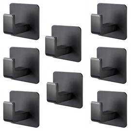 Leezmark 8 Pack Square Self Adhesive Towel Hooks, Black Aluminum Wall Hooks, Removable Sticky Hooks for Hanging Towels, Robes, Hats, Bathroom, Shower, Kitchen, Doors, Cabinets No Damage