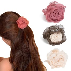 Agirlvct 3 Pack Flower Hair Clip Medium, Small Rose Claw Clips for High Ponytail,Hair Clips Travel Beach Holiday Birthday Gift for Mother Girl Thick Thin Long Hair(Pink Gray-white White)