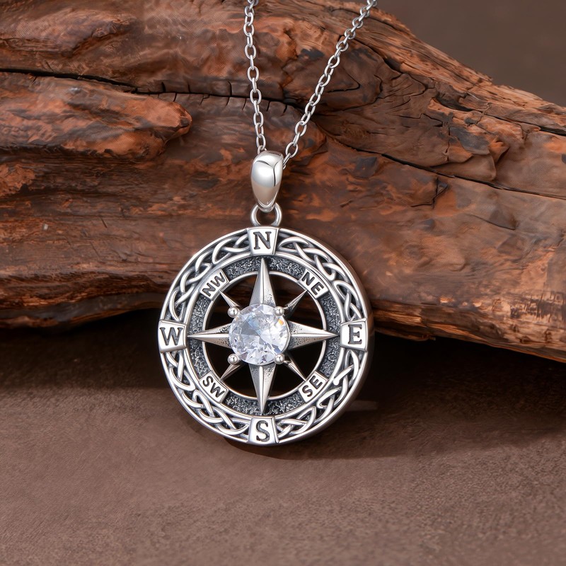 OUTANG Apr Birthstone Compass Necklace for Women 925 Sterling Silver