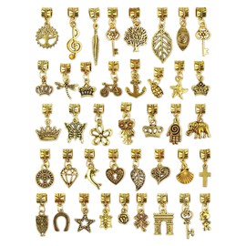 JIALEEY 40Pcs Antique Gold Dangle Charm Beads, Dangle Spacer Beads Bails Connector with Multistyle Pendant Charm Dangler for DIY Bracelet Necklace Jewelry Making