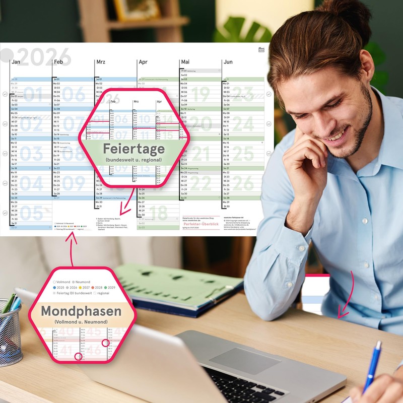 weekview Blackboard Calendar KW-Optimised DIN A4 "Colour", Board Planner with