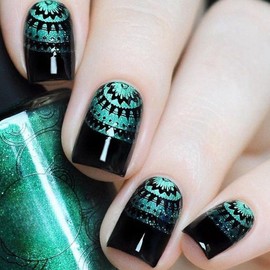 Press on Nails Medium Square Fake Nails French Tip Black Cyan False Nails with Bohemian Style Designs Glossy Full Cover Acrylic Nails Stick on Nails for Women Manicure Decor 24PCS