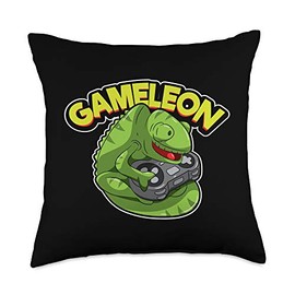 Funny Gaming Gift Ideas Funny Gaming Pun Chameleon Console Gamer-GAMELEON Throw Pillow, 18x18, Multicolor