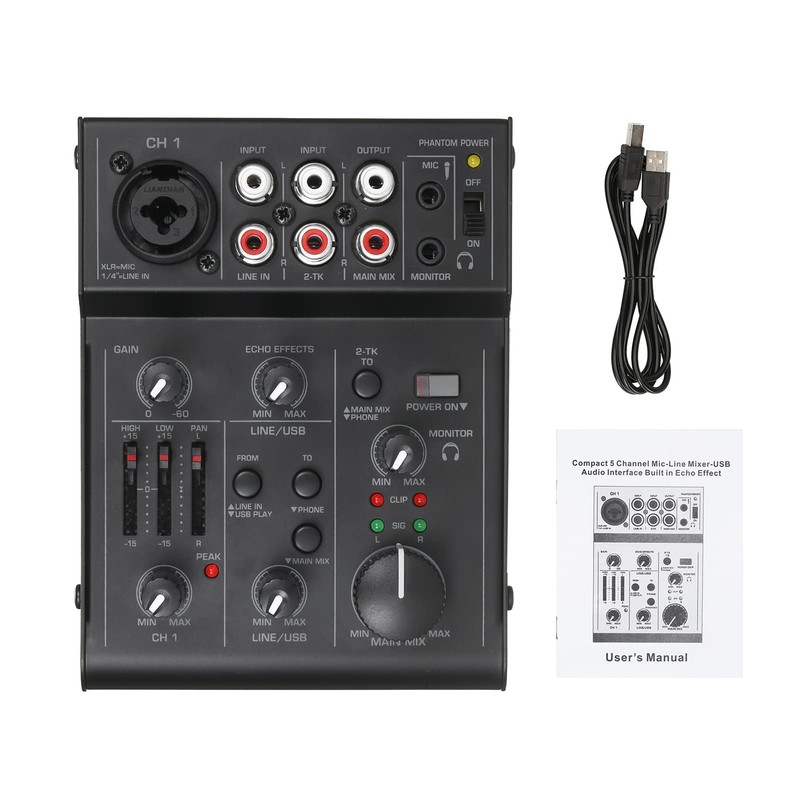 RUSUO Audio Mixer, 5 Channel Compact Audio Mixer Sound Mixing