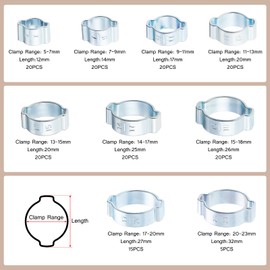 Gueenky 160PCS Double Ear Hose Clamps, 5-23mm Adjustable O Clips Double Ear Tube Pipe Clamps, 9 Sizes Zinc Plated O Clips Hose Pipe Fastener