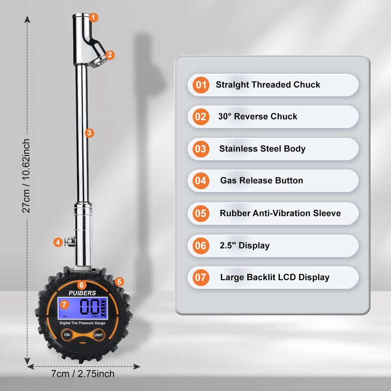 PUIBERS Semi Truck Tire Pressure Gauge Digital 200 PSI, Heavy