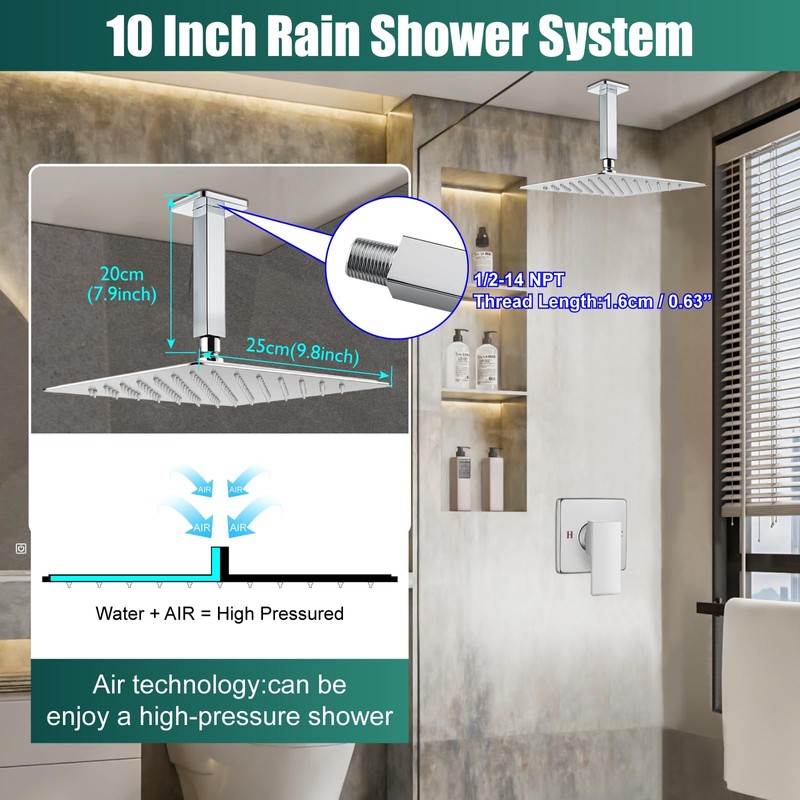 Heyalan Shower Faucet Set Square Stainless Steel Bathroom Rainfall Shower