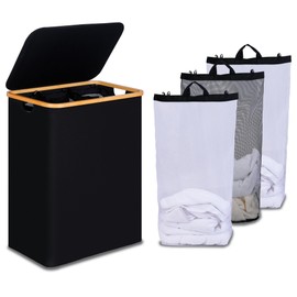 efluky Laundry Hamper with Lid, Trio Laundry Hamper with 3 Removable Bags, 3 Section Laundry Basket with Bamboo Handles for Bathroom, Bedroom & Laundry Room, 160L Black