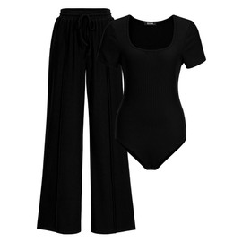BTFBM Womens Casual 2 Pieces Outfits Dressy Square Neck Short Sleeve Bodysuit Drawstring Pants Knit Lounge Matching Sets(Black, Small)