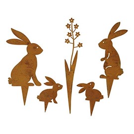 Set of 5 Decorative Garden Stakes, Rabbit and Flowers, Metal Patina