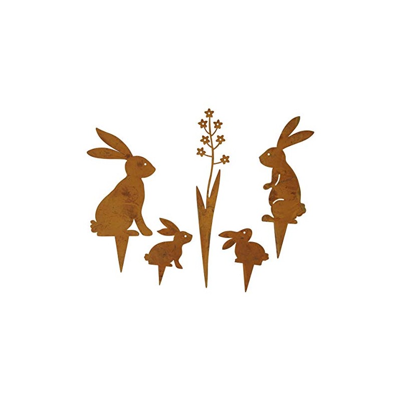 Set of 5 Decorative Garden Stakes, Rabbit and Flowers, Metal