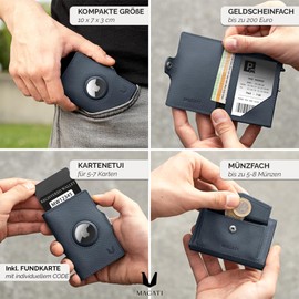 MAGATI Zani Slim Wallet with AirTag Leather Case, Includes Lost Service, Card Case with Coin Compartment & RFID Blocker, Wallet for AirTag, Wallet with Card Holder and Note Compartment, blue, With