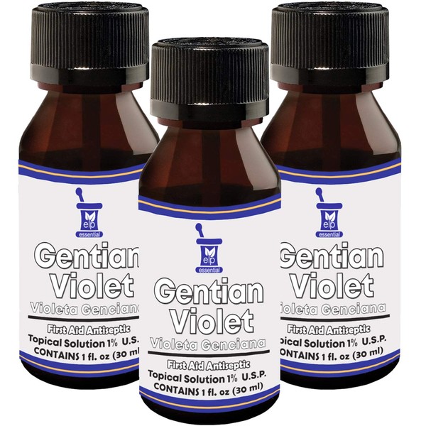 ELP ESSENTIAL Gentian Violet First Aid Antiseptic Liquid, Made in USA 1 FL OZ (3 Bottles)