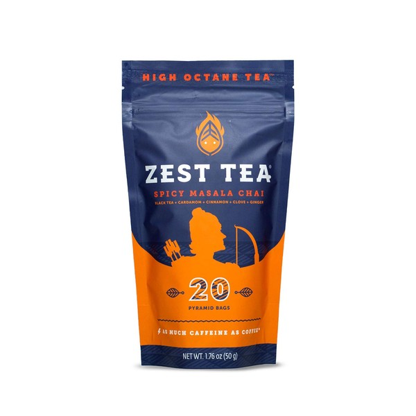 Zest Tea Energy Hot Tea, High Caffeine Blend Natural & Healthy Coffee Substitute, Perfect for Keto, 20 servings (150mg Caffeine each), Compostable Teabags (No Plastic), Spicy Masala Chai Black Tea
